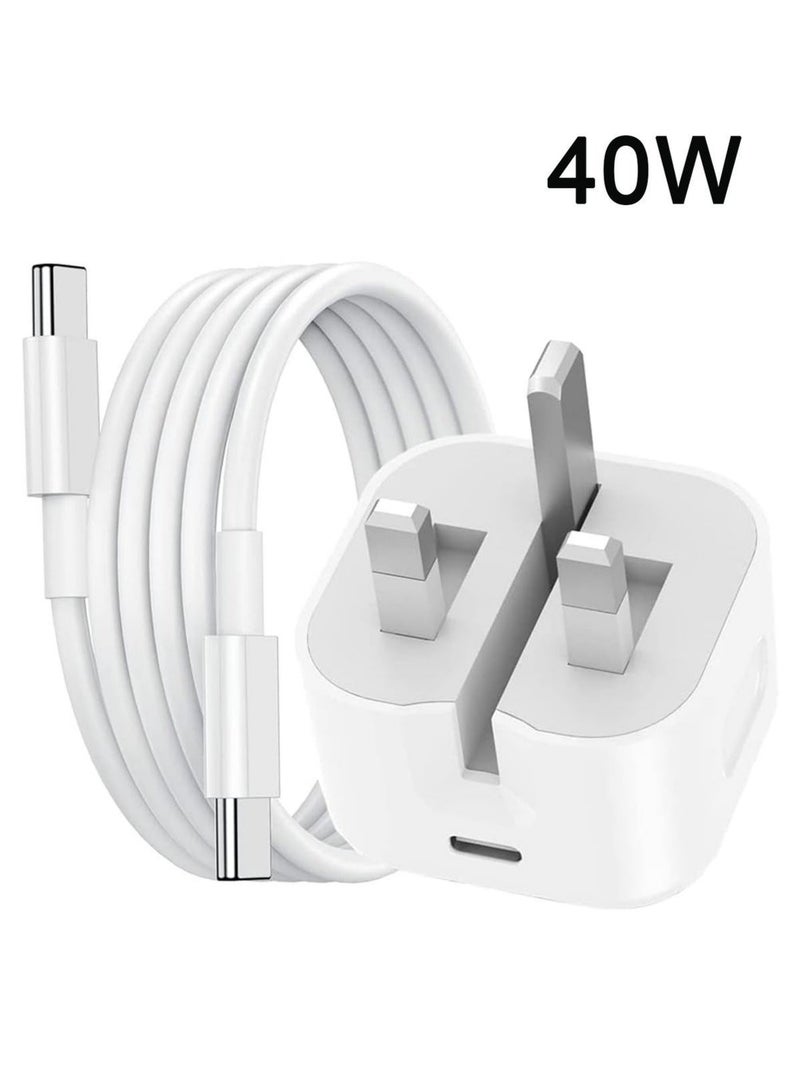 شاحن ايفون سريع 40 وات | محول شاحن جداري USB C سريع مع كابل USB C بطول 1 متر إلى USB C متوافق مع iPhone 14/14 Pro/14 Pro Max/13/12/SE2020/11/XR/XS Max/X/iPad - Image 1